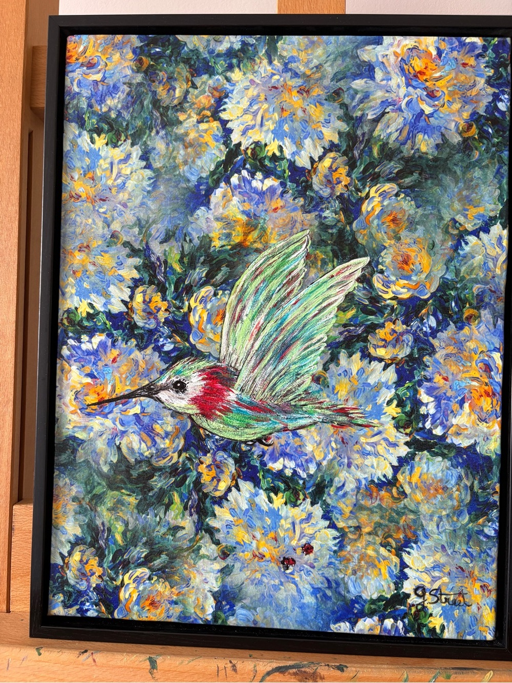 Hummingbird Floral Acrylic Painting - Vibrant Blue & Green